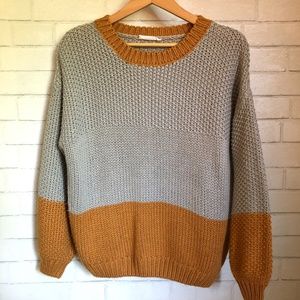 Elodie Colorblock Knit Pullover Sweater- Grey & Camel Colored, Size MEDIUM